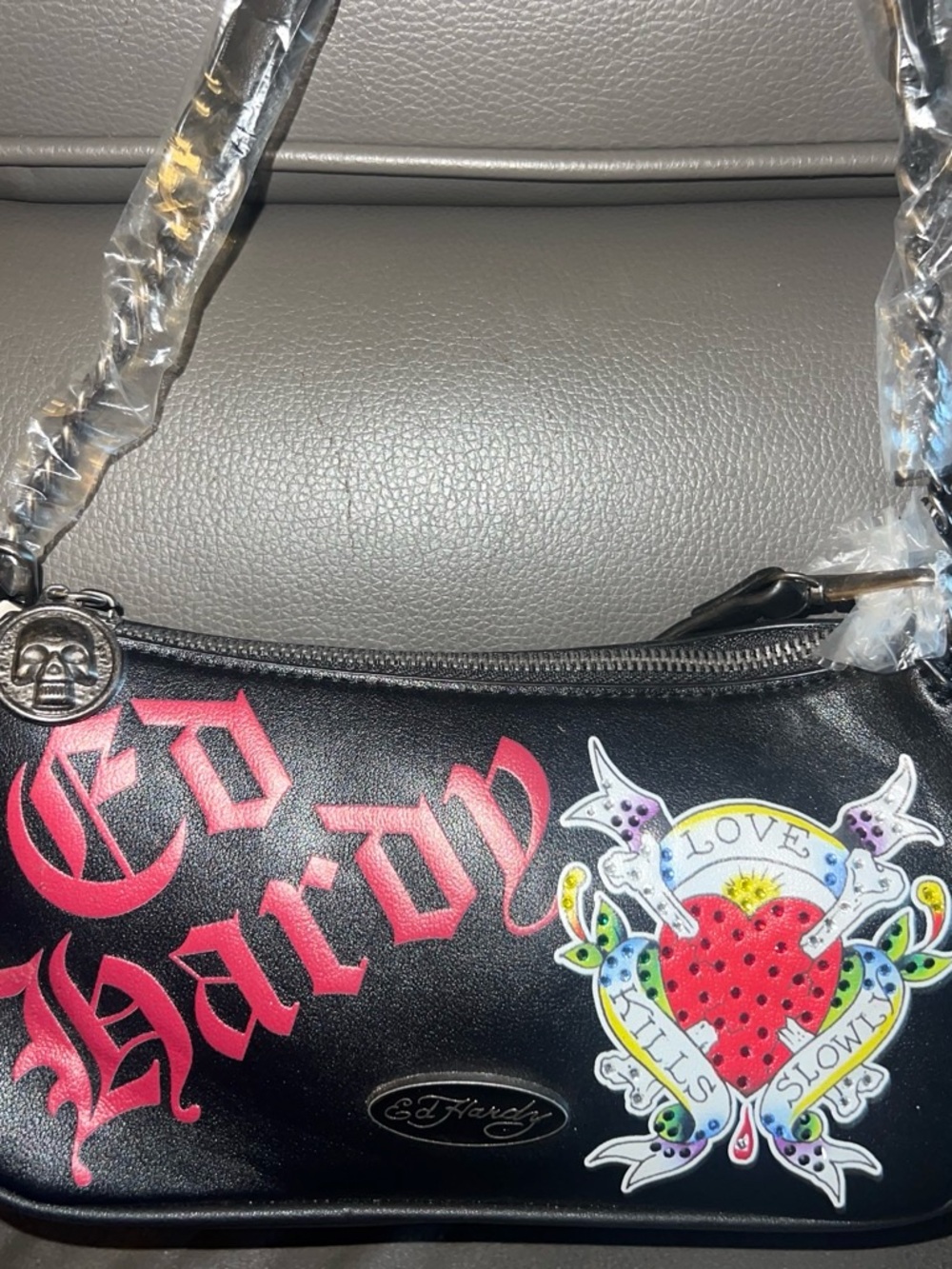 Ed Hardy Black Shoulder Bag with Pink Script and Multicolor Heart Patch